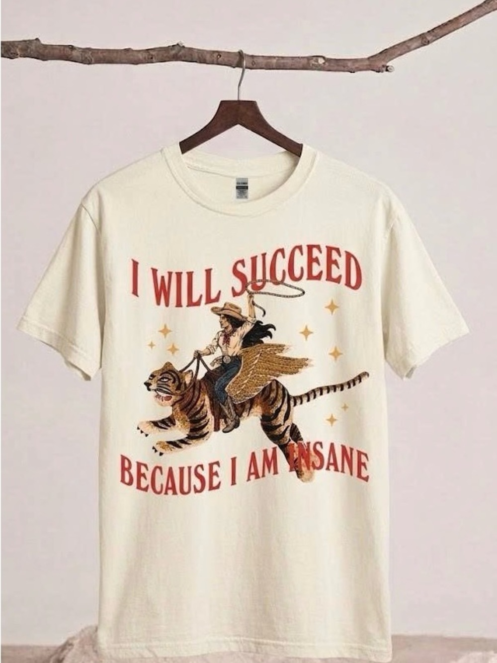 Retro Cowgirl Riding Winged Tiger Graphic T-Shirt | "Insane" Success Quote Tee